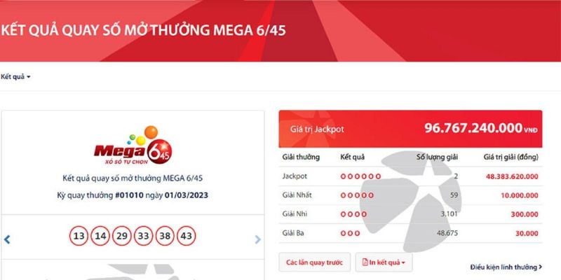 Loại hình chơi Mega 6/45 phổ biến 